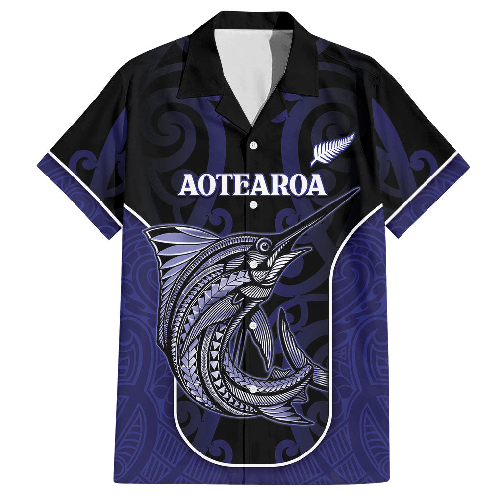 Personalised New Zealand Aotearoa Hawaiian Shirt Blue Marlin Fishing Maori Pattern LT05 Black - Polynesian Pride