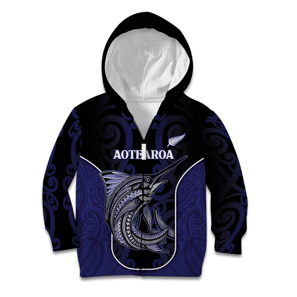 Personalised New Zealand Aotearoa Kid Hoodie Blue Marlin Fishing Maori Pattern