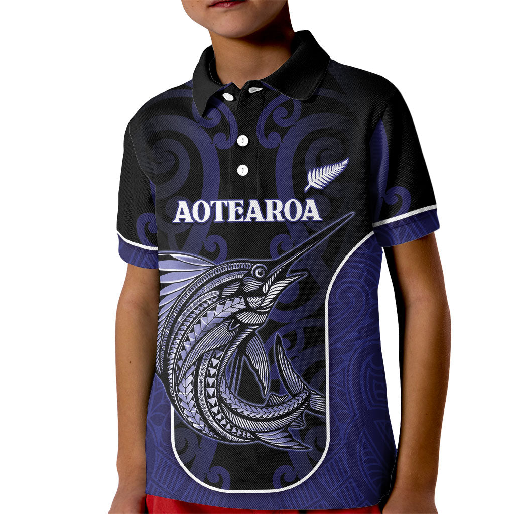 Personalised New Zealand Aotearoa Kid Polo Shirt Blue Marlin Fishing Maori Pattern LT05 Kid Black - Polynesian Pride