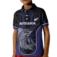 Personalised New Zealand Aotearoa Kid Polo Shirt Blue Marlin Fishing Maori Pattern LT05 Kid Black - Polynesian Pride