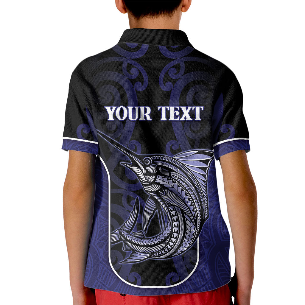 Personalised New Zealand Aotearoa Kid Polo Shirt Blue Marlin Fishing Maori Pattern LT05 - Polynesian Pride