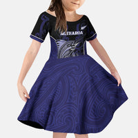Personalised New Zealand Aotearoa Kid Short Sleeve Dress Blue Marlin Fishing Maori Pattern