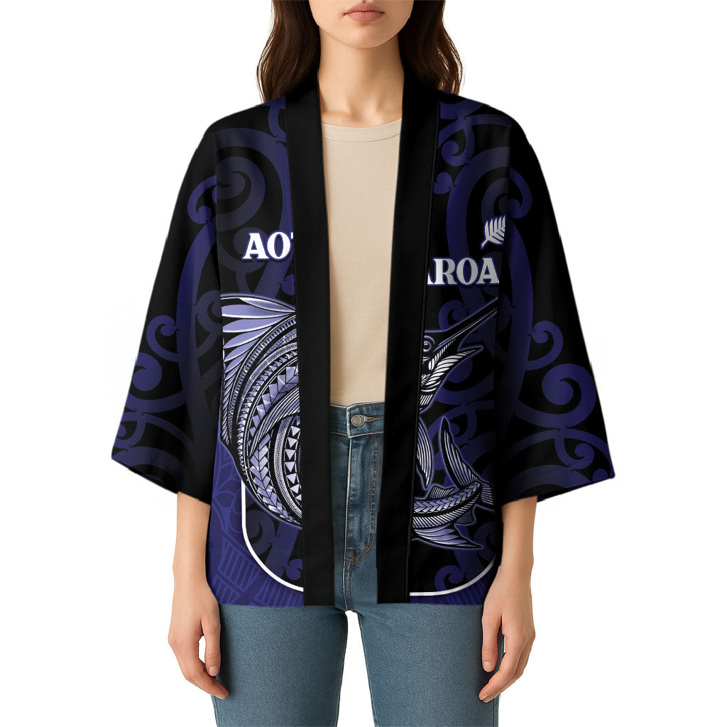 Personalised New Zealand Aotearoa Kimono Blue Marlin Fishing Maori Pattern