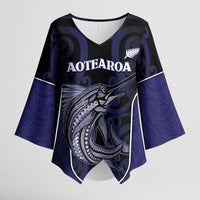 Personalised New Zealand Aotearoa Kimono Sleeve Blouse Blue Marlin Fishing Maori Pattern
