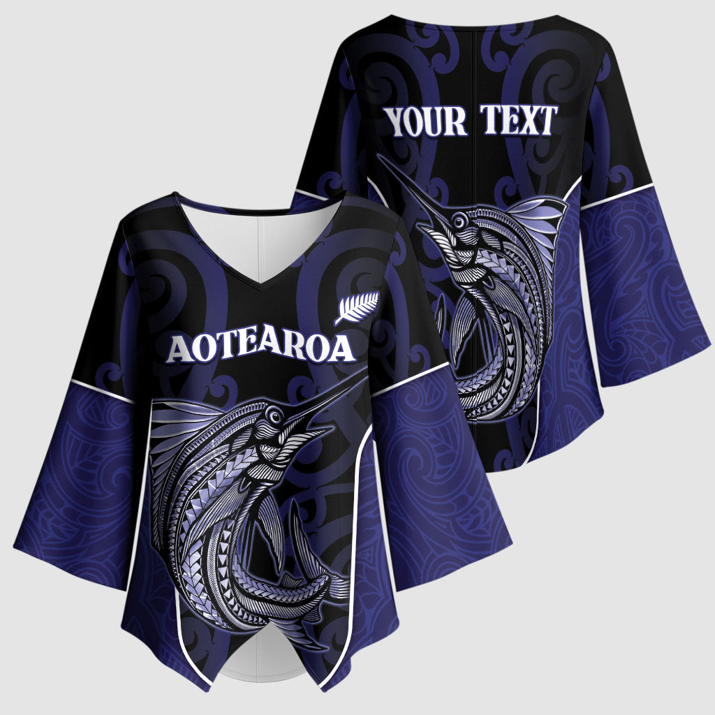 Personalised New Zealand Aotearoa Kimono Sleeve Blouse Blue Marlin Fishing Maori Pattern