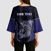 Personalised New Zealand Aotearoa Kimono Sleeve Blouse Blue Marlin Fishing Maori Pattern