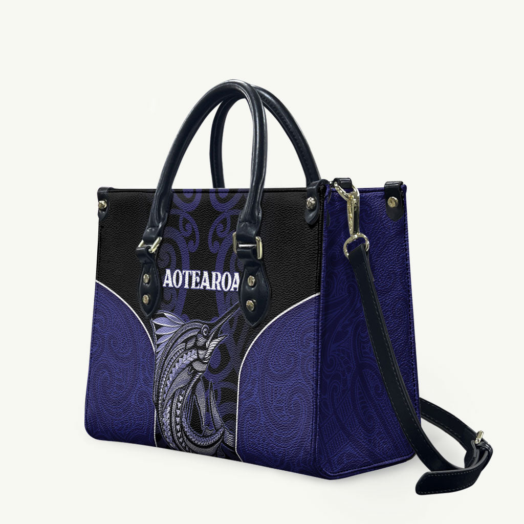 New Zealand Aotearoa Leather Bag Blue Marlin Fishing Maori Pattern LT05 Black - Polynesian Pride