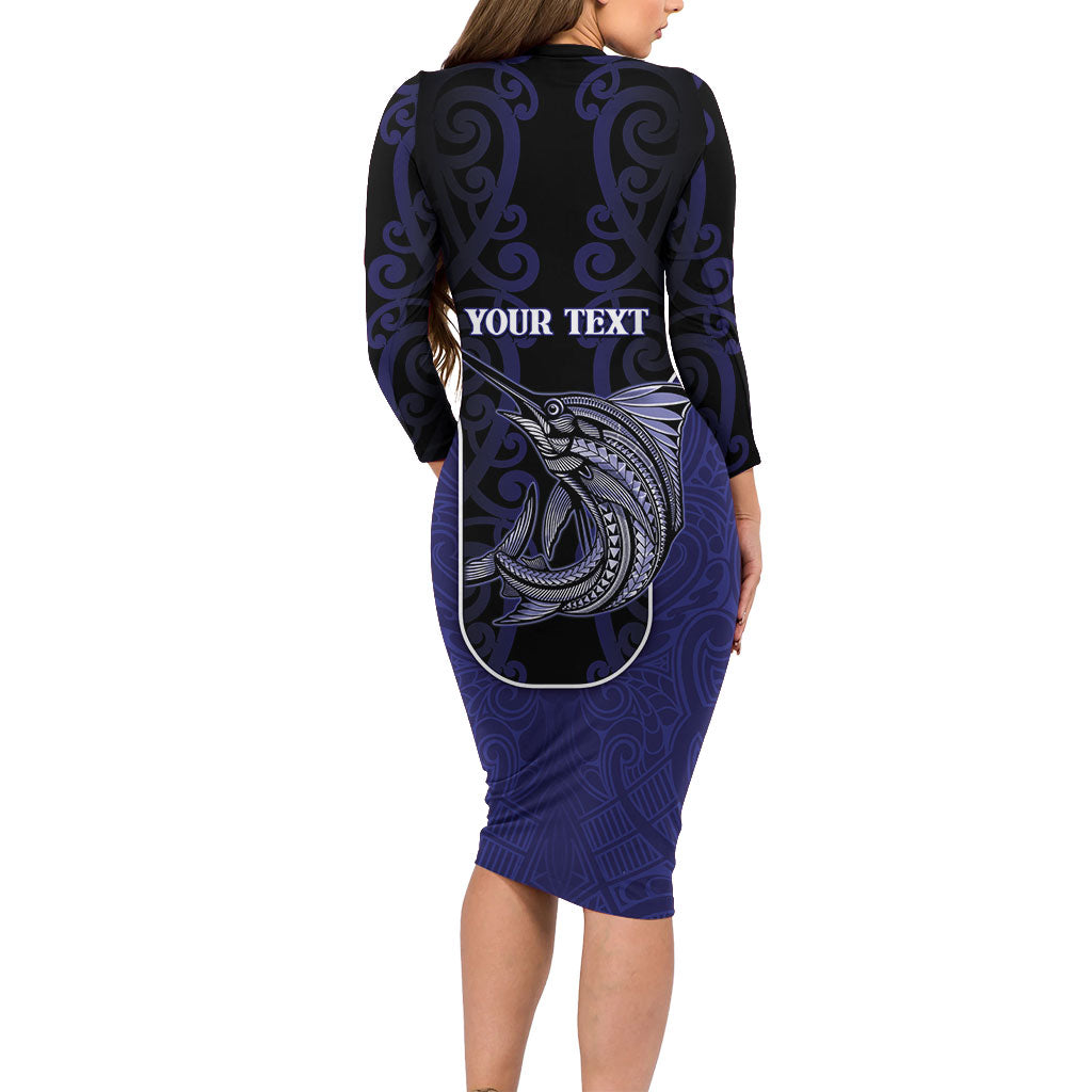 Personalised New Zealand Aotearoa Long Sleeve Bodycon Dress Blue Marlin Fishing Maori Pattern