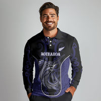 Personalised New Zealand Aotearoa Long Sleeve Polo Shirt Blue Marlin Fishing Maori Pattern