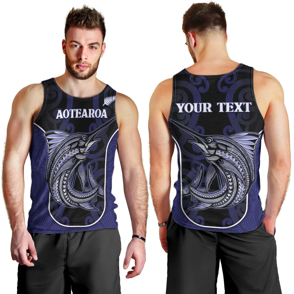 Personalised New Zealand Aotearoa Men Tank Top Blue Marlin Fishing Maori Pattern