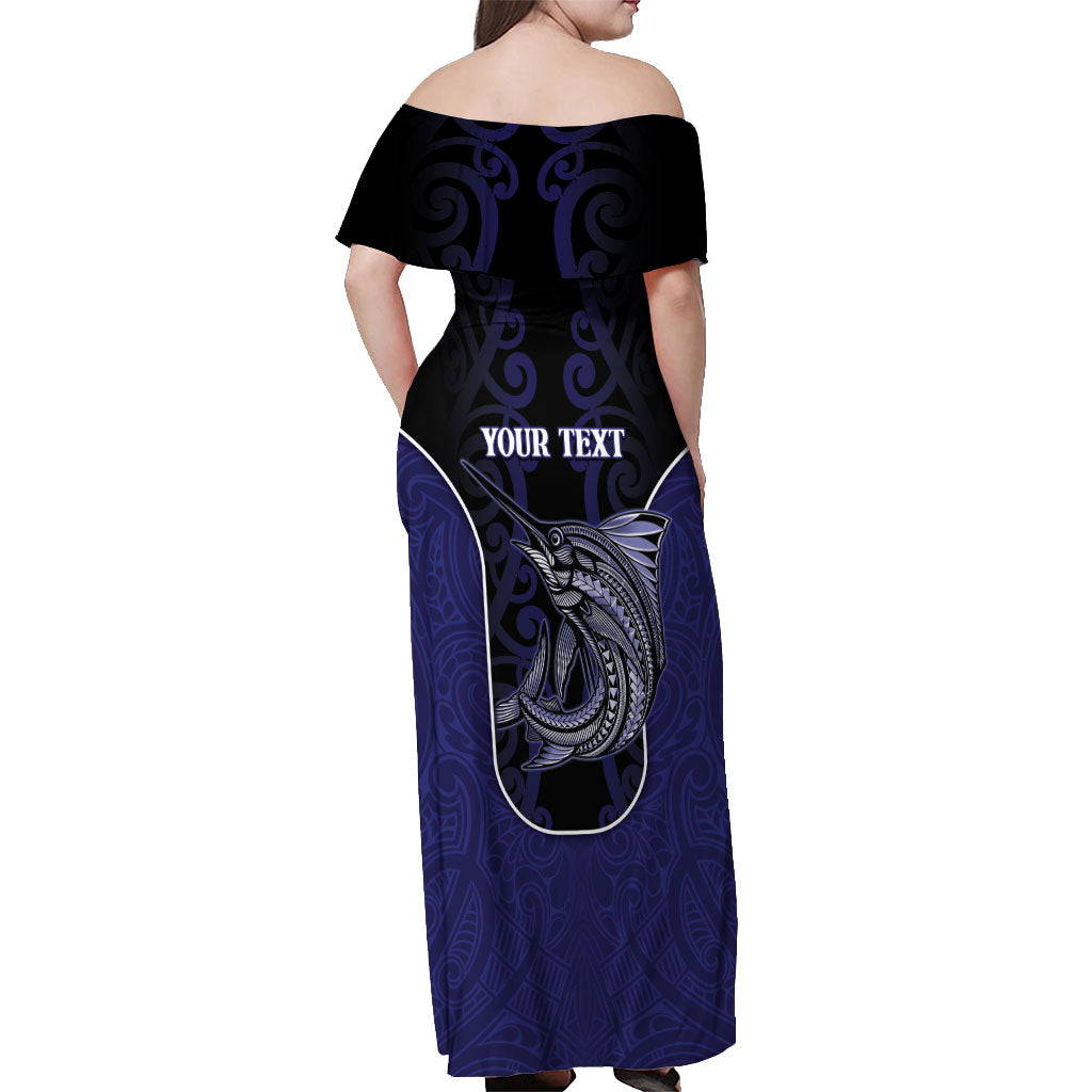 Personalised New Zealand Aotearoa Off Shoulder Maxi Dress Blue Marlin Fishing Maori Pattern