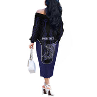Personalised New Zealand Aotearoa Off The Shoulder Long Sleeve Dress Blue Marlin Fishing Maori Pattern