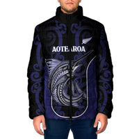 Personalised New Zealand Aotearoa Padded Jacket Blue Marlin Fishing Maori Pattern