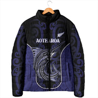 Personalised New Zealand Aotearoa Padded Jacket Blue Marlin Fishing Maori Pattern