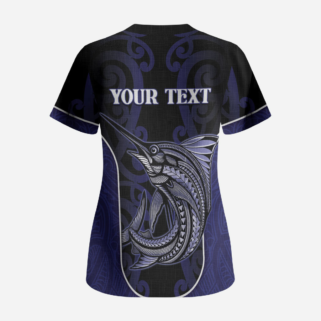 Personalised New Zealand Aotearoa Scrub Top Blue Marlin Fishing Maori Pattern LT05 - Polynesian Pride