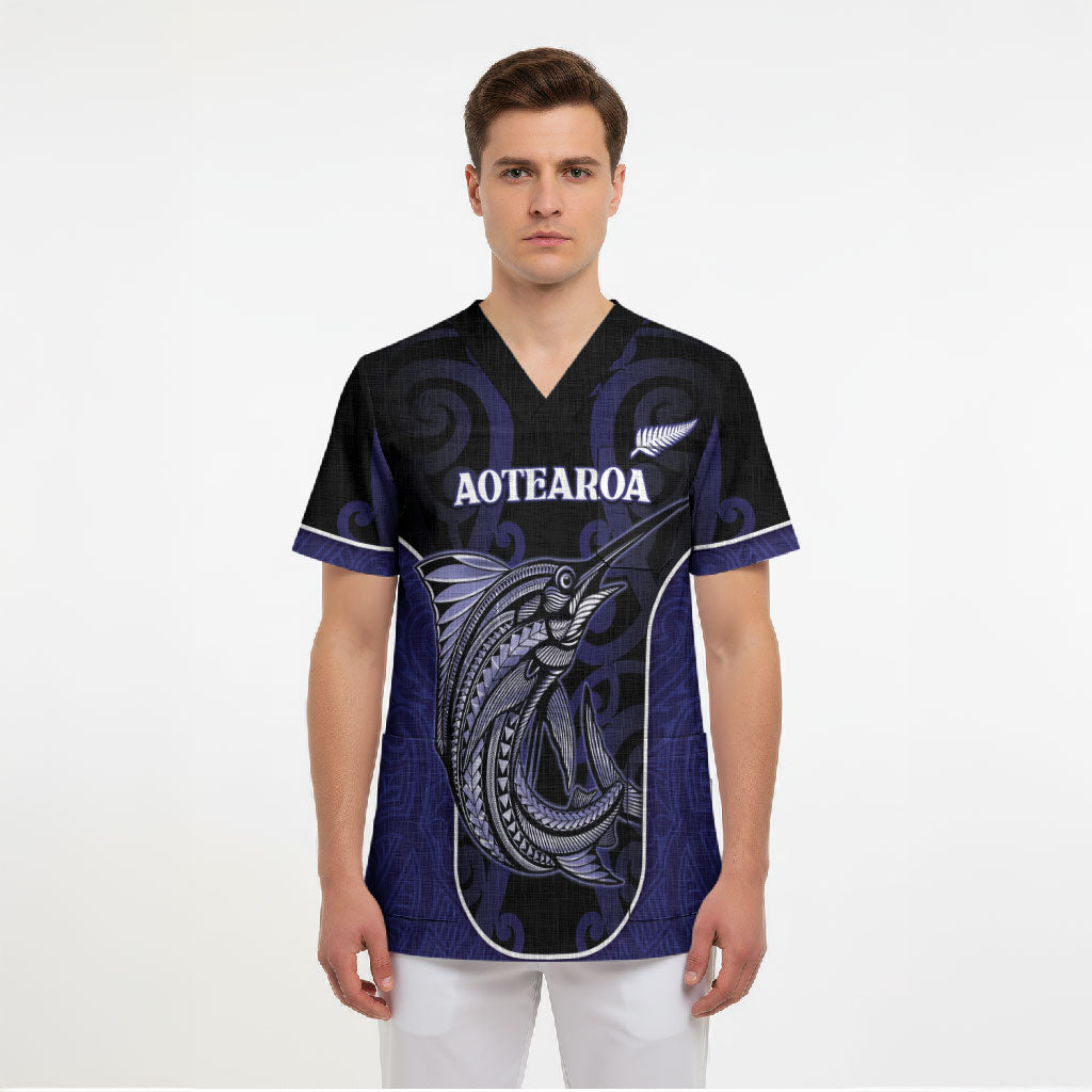Personalised New Zealand Aotearoa Scrub Top Blue Marlin Fishing Maori Pattern LT05 - Polynesian Pride