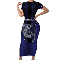 Personalised New Zealand Aotearoa Short Sleeve Bodycon Dress Blue Marlin Fishing Maori Pattern