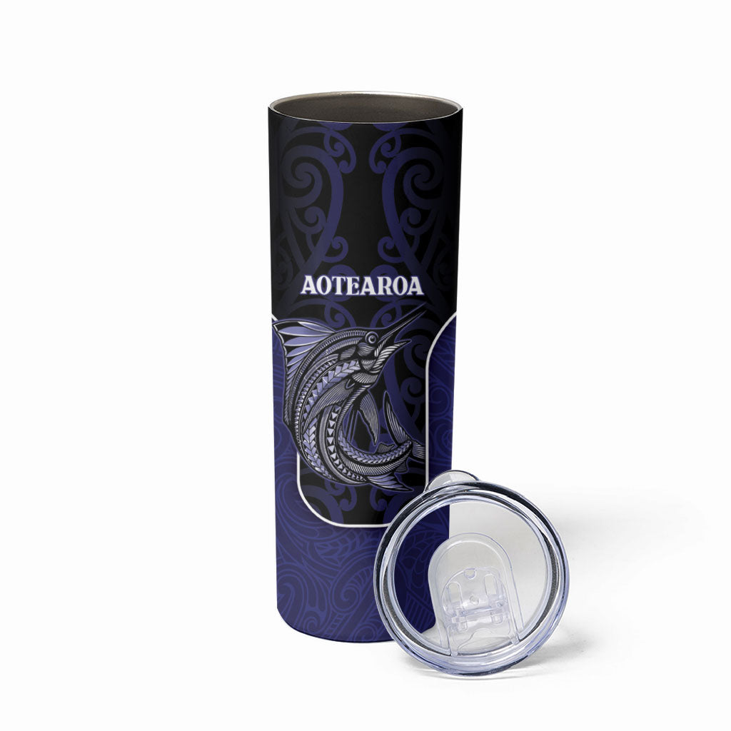 Personalised New Zealand Aotearoa Skinny Tumbler Blue Marlin Fishing Maori Pattern