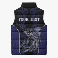Personalised New Zealand Aotearoa Sleeveless Puffer Jacket Blue Marlin Fishing Maori Pattern