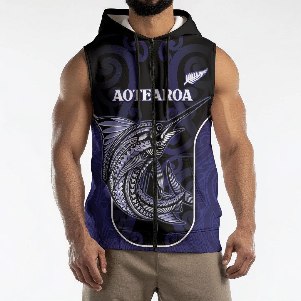 Personalised New Zealand Aotearoa Sleeveless Zip Hoodie Blue Marlin Fishing Maori Pattern