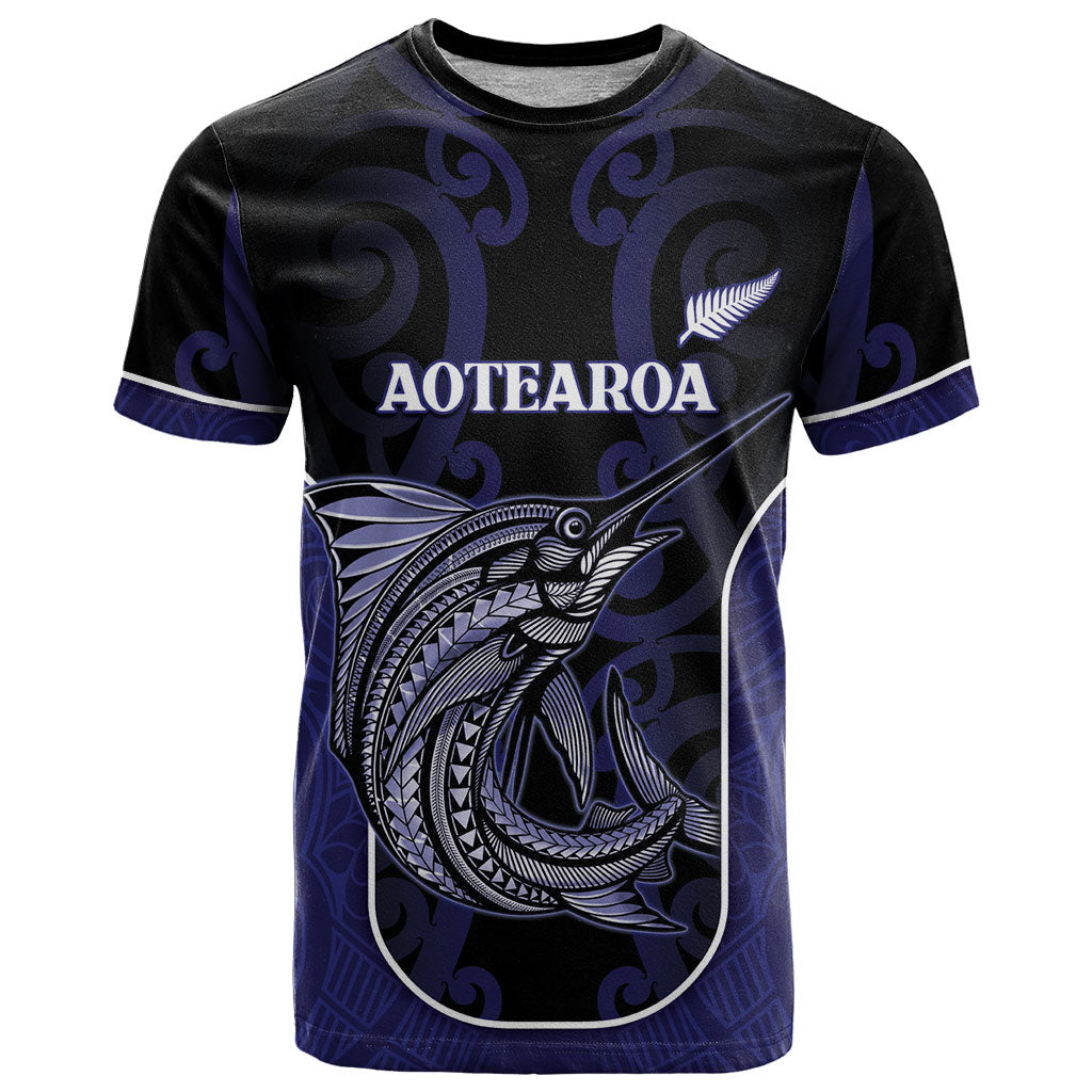 Personalised New Zealand Aotearoa T Shirt Blue Marlin Fishing Maori Pattern