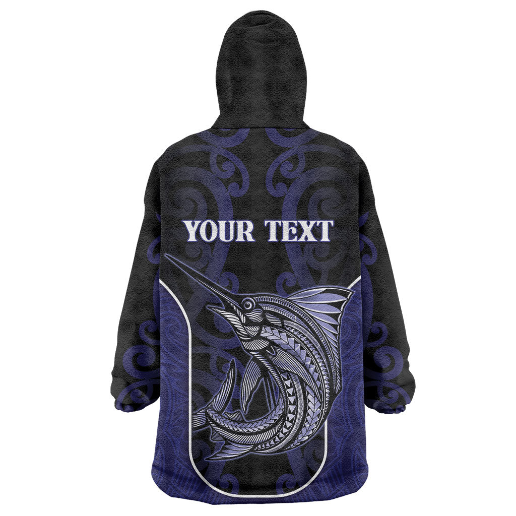 Personalised New Zealand Aotearoa Wearable Blanket Hoodie Blue Marlin Fishing Maori Pattern