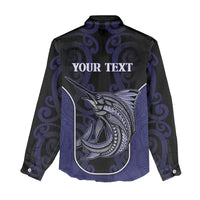Personalised New Zealand Aotearoa Women Casual Shirt Blue Marlin Fishing Maori Pattern