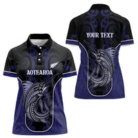 Personalised New Zealand Aotearoa Women Polo Shirt Blue Marlin Fishing Maori Pattern