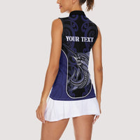 Personalised New Zealand Aotearoa Women Sleeveless Polo Shirt Blue Marlin Fishing Maori Pattern