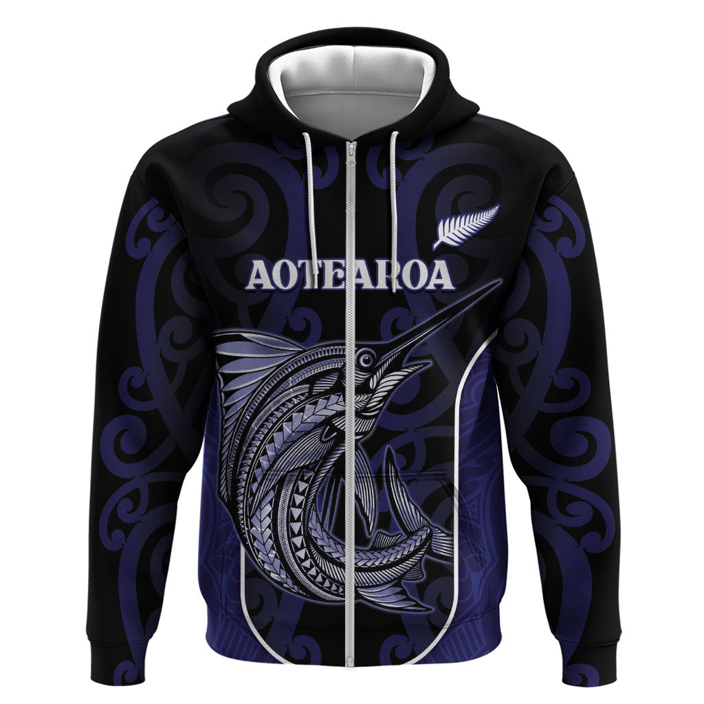 Personalised New Zealand Aotearoa Zip Hoodie Blue Marlin Fishing Maori Pattern LT05 Zip Hoodie Black - Polynesian Pride