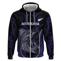 Personalised New Zealand Aotearoa Zip Hoodie Blue Marlin Fishing Maori Pattern LT05 Zip Hoodie Black - Polynesian Pride