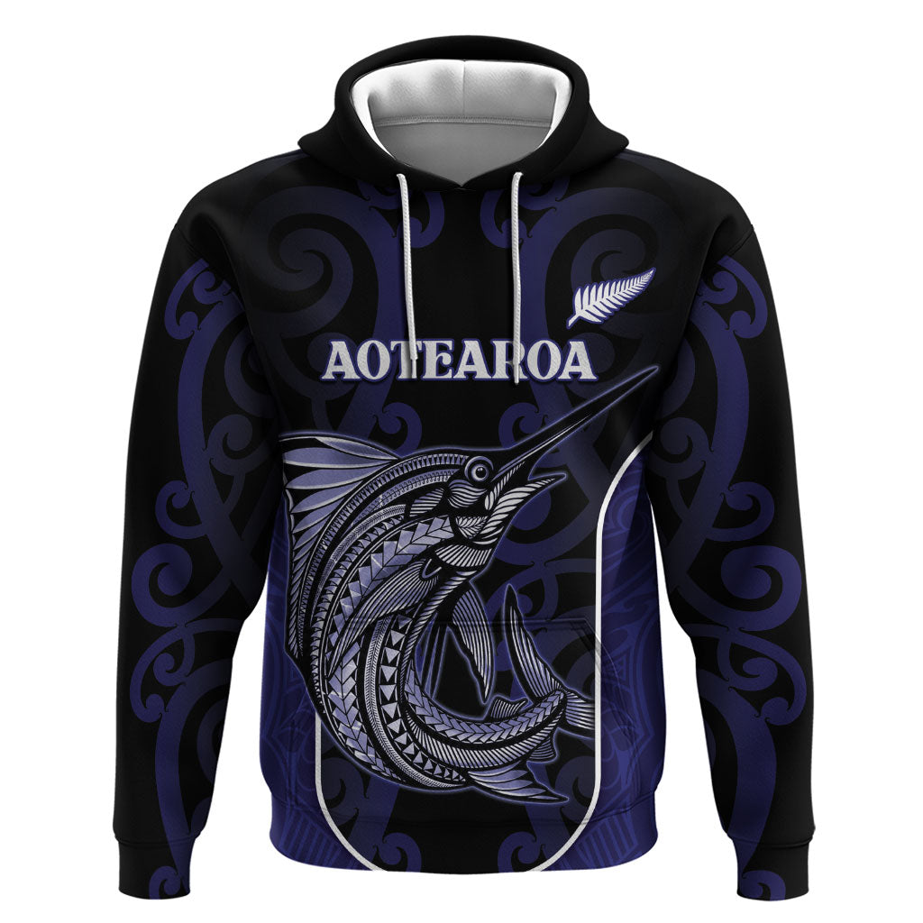 Personalised New Zealand Aotearoa Zip Hoodie Blue Marlin Fishing Maori Pattern LT05 Pullover Hoodie Black - Polynesian Pride