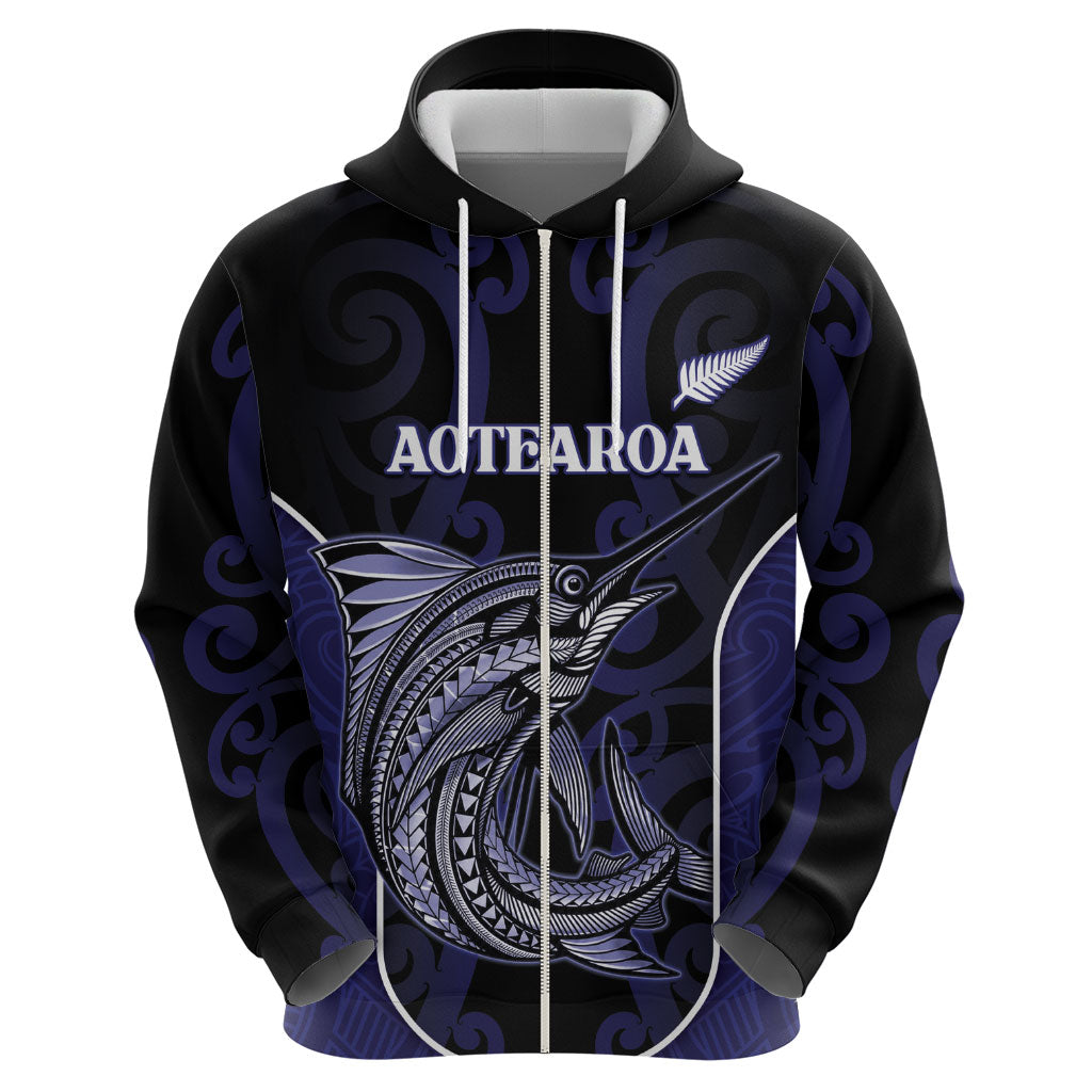 Personalised New Zealand Aotearoa Zip Hoodie Blue Marlin Fishing Maori Pattern LT05 - Polynesian Pride