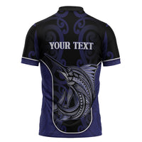 Personalised New Zealand Aotearoa Zipper Polo Shirt Blue Marlin Fishing Maori Pattern