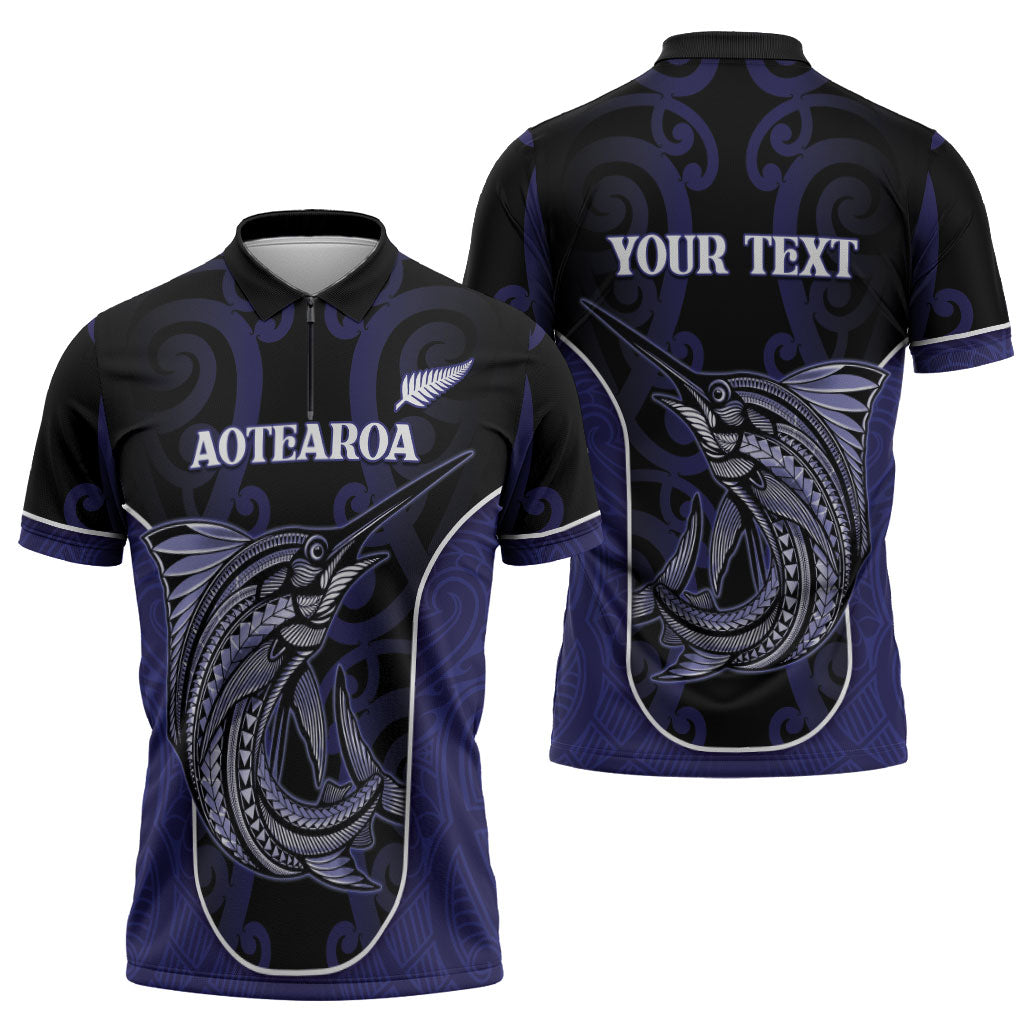 Personalised New Zealand Aotearoa Zipper Polo Shirt Blue Marlin Fishing Maori Pattern