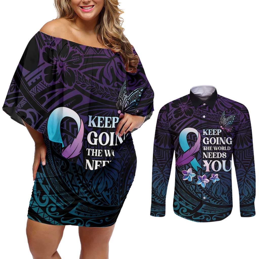 Polynesia Suicide Prevention Awareness Couples Matching Off Shoulder Short Dress and Long Sleeve Button Shirt Keep Going The World Needs You