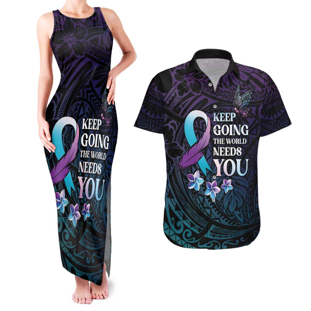 Polynesia Suicide Prevention Awareness Couples Matching Tank Maxi Dress and Hawaiian Shirt Keep Going The World Needs You