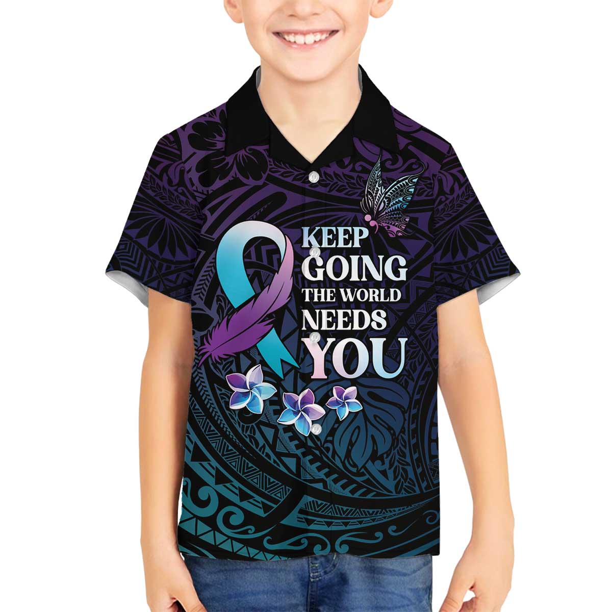 Polynesia Suicide Prevention Awareness Family Matching Puletasi and Hawaiian Shirt Keep Going The World Needs You
