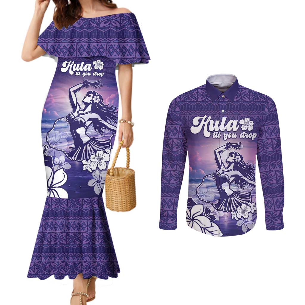 Aloha Hawaii Kauai Island Couples Matching Mermaid Dress and Long Sleeve Button Shirt Hula Till You Drop