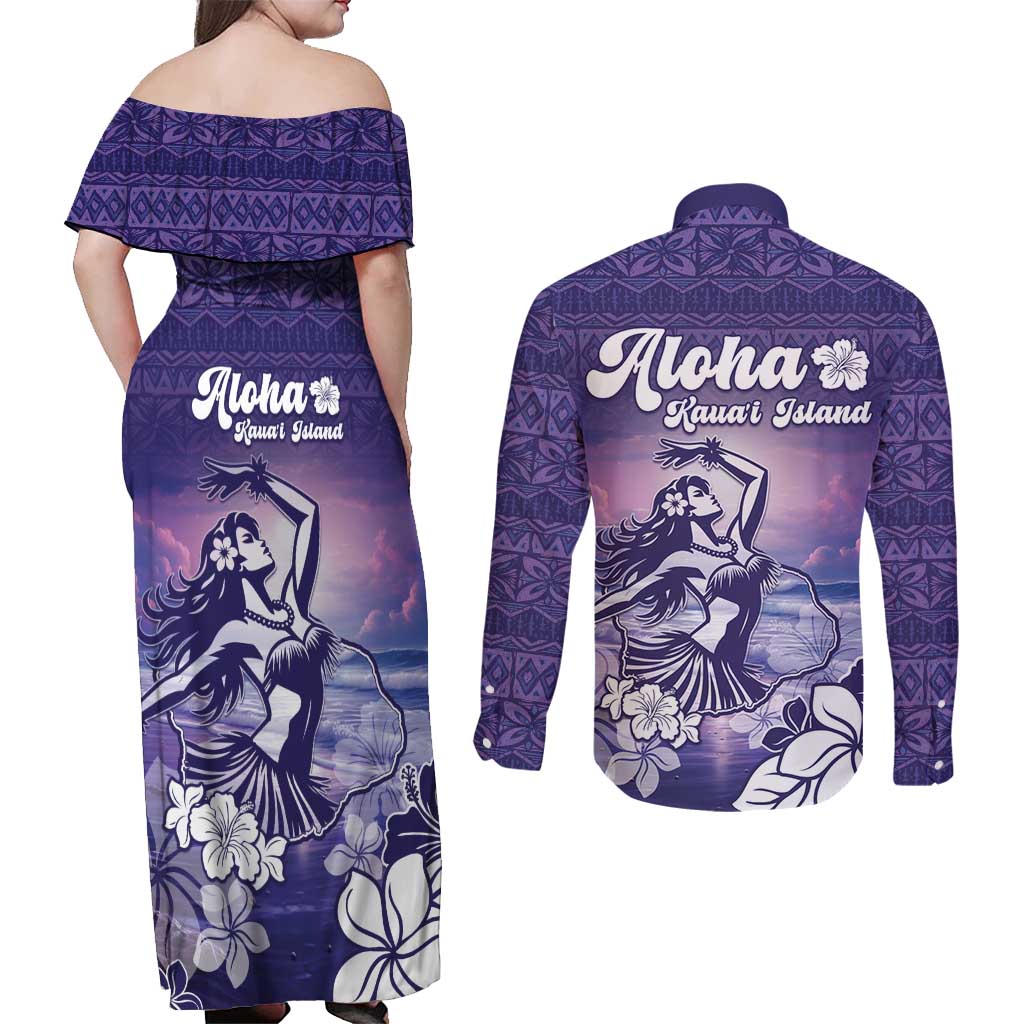 Aloha Hawaii Kauai Island Couples Matching Off Shoulder Maxi Dress and Long Sleeve Button Shirt Hula Till You Drop