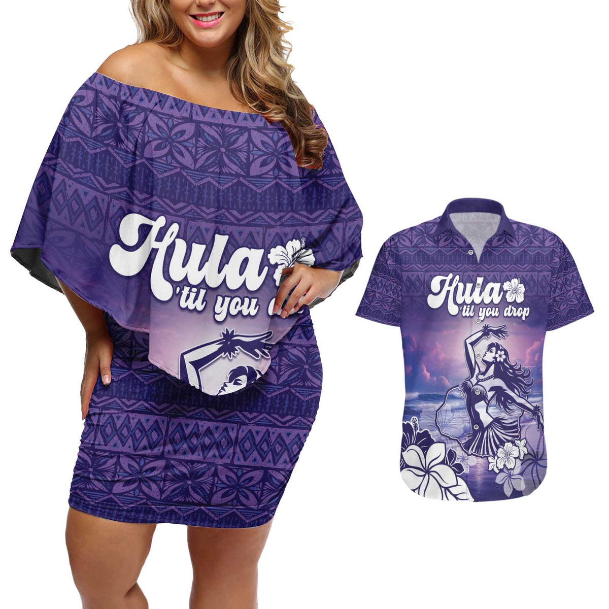 Aloha Hawaii Kauai Island Couples Matching Off Shoulder Short Dress and Hawaiian Shirt Hula Till You Drop