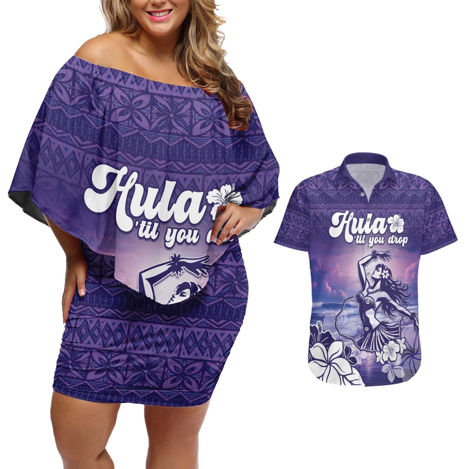 Aloha Hawaii Kauai Island Couples Matching Off Shoulder Short Dress and Hawaiian Shirt Hula Till You Drop