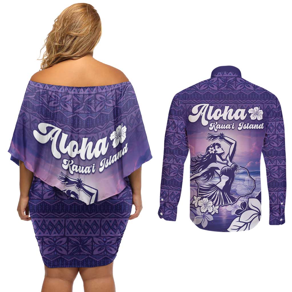 Aloha Hawaii Kauai Island Couples Matching Off Shoulder Short Dress and Long Sleeve Button Shirt Hula Till You Drop