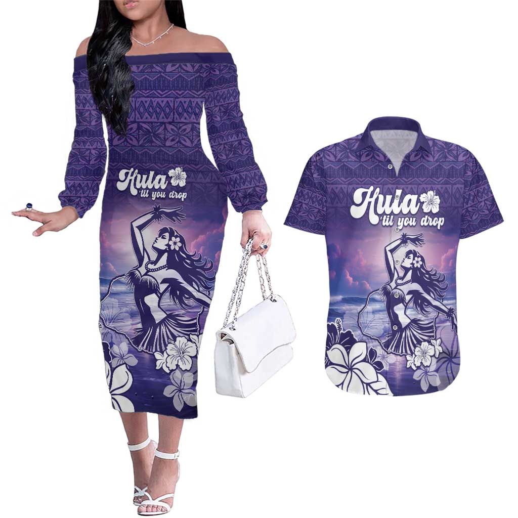 Aloha Hawaii Kauai Island Couples Matching Off The Shoulder Long Sleeve Dress and Hawaiian Shirt Hula Till You Drop