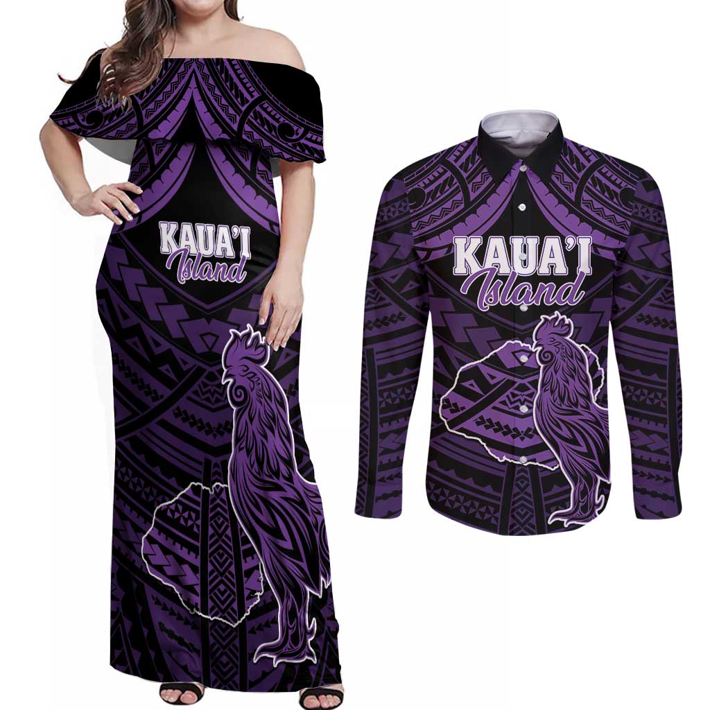 Personalised Hawaii Kauai Island Couples Matching Off Shoulder Maxi Dress and Long Sleeve Button Shirt Rooster Tribal Tattoo Simple Style