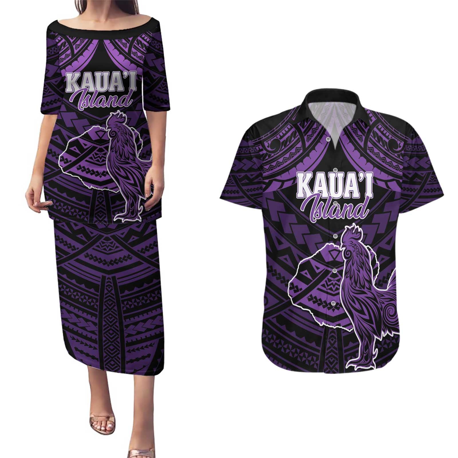 Personalised Hawaii Kauai Island Couples Matching Puletasi and Hawaiian Shirt Rooster Tribal Tattoo Simple Style