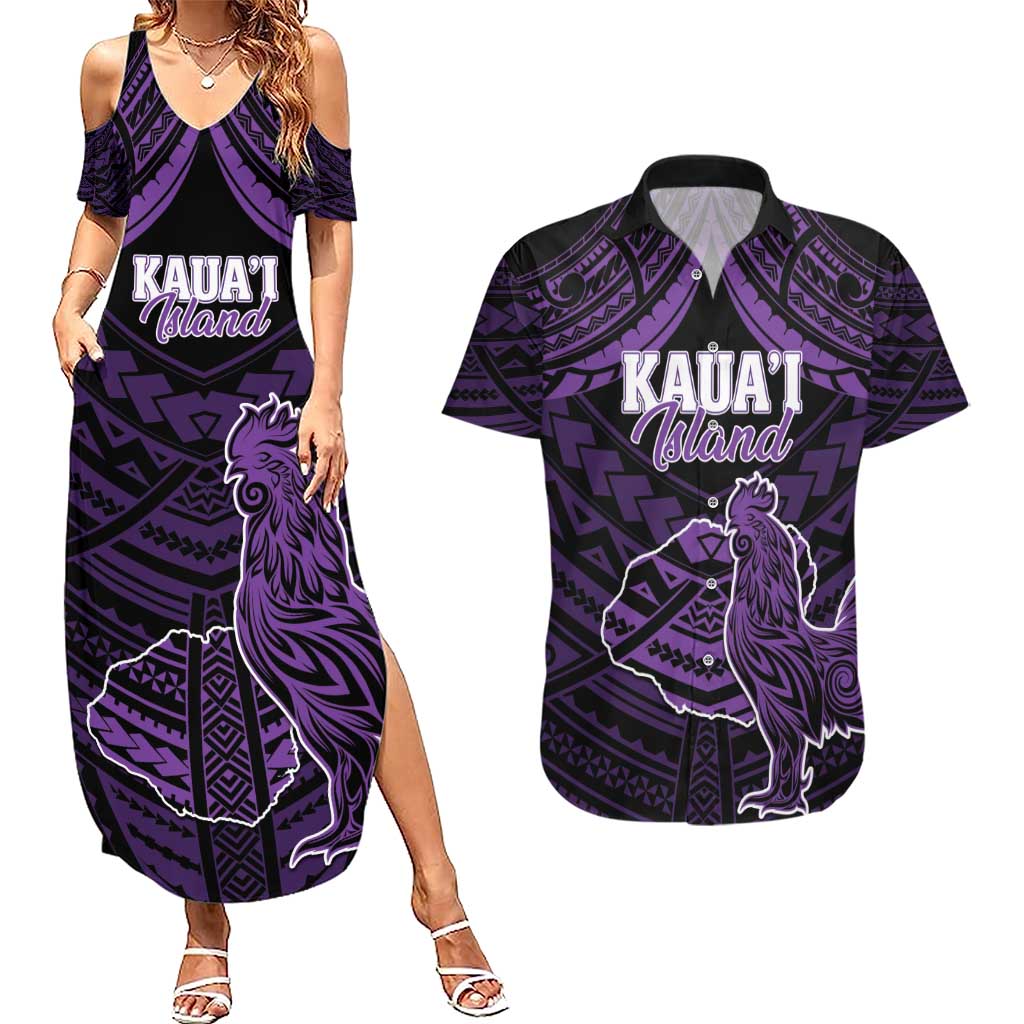 Personalised Hawaii Kauai Island Couples Matching Summer Maxi Dress and Hawaiian Shirt Rooster Tribal Tattoo Simple Style