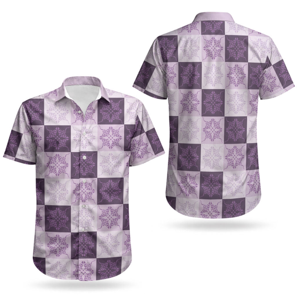 Lavender Manta Ray Hawaiian Quilt Motif Couples Matching Long Sleeve Bodycon Dress and Hawaiian Shirt