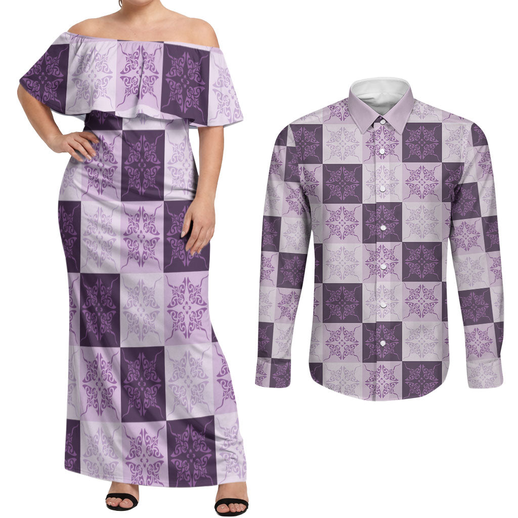 Lavender Manta Ray Hawaiian Quilt Motif Couples Matching Off Shoulder Maxi Dress and Long Sleeve Button Shirt