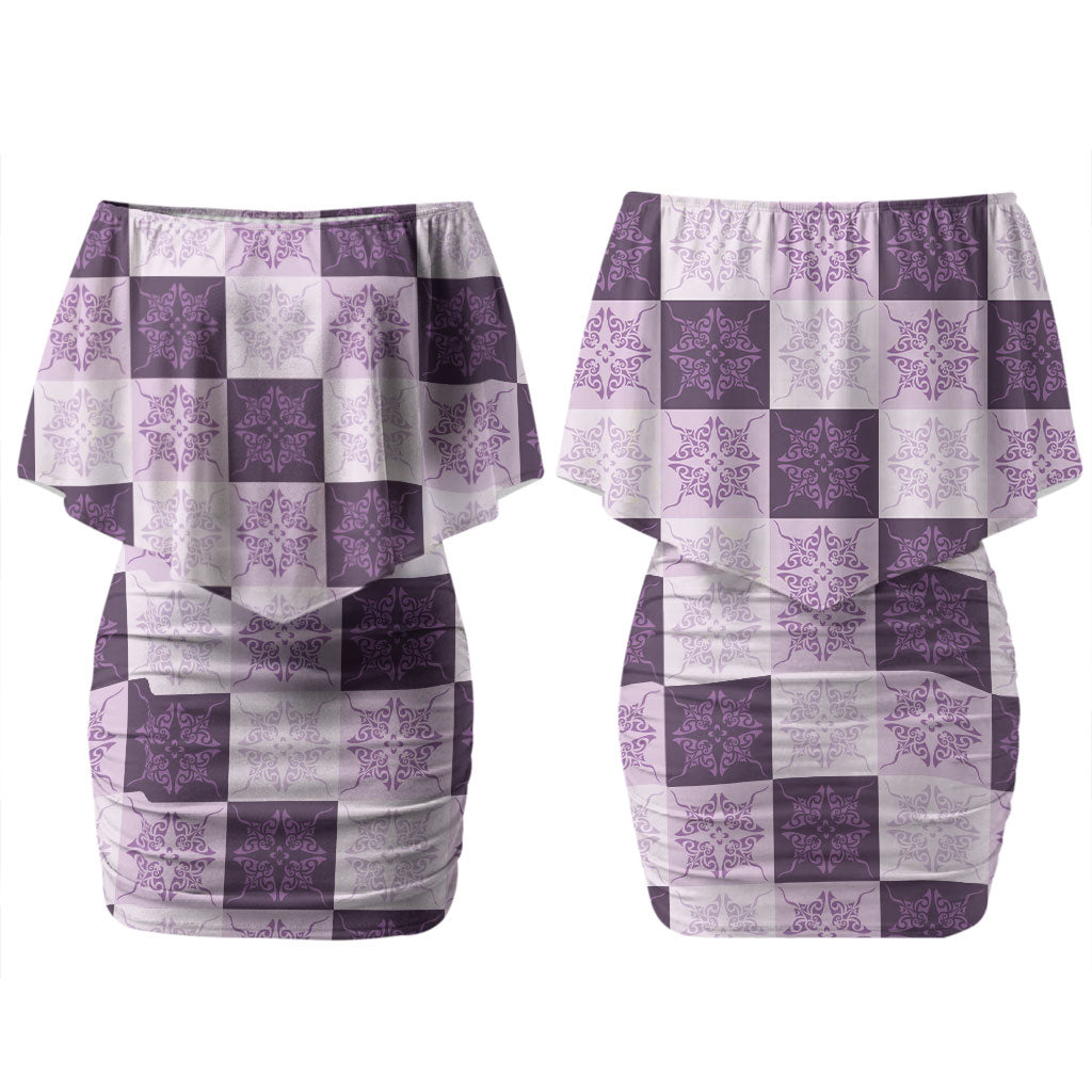 Lavender Manta Ray Hawaiian Quilt Motif Couples Matching Off Shoulder Short Dress and Long Sleeve Button Shirt
